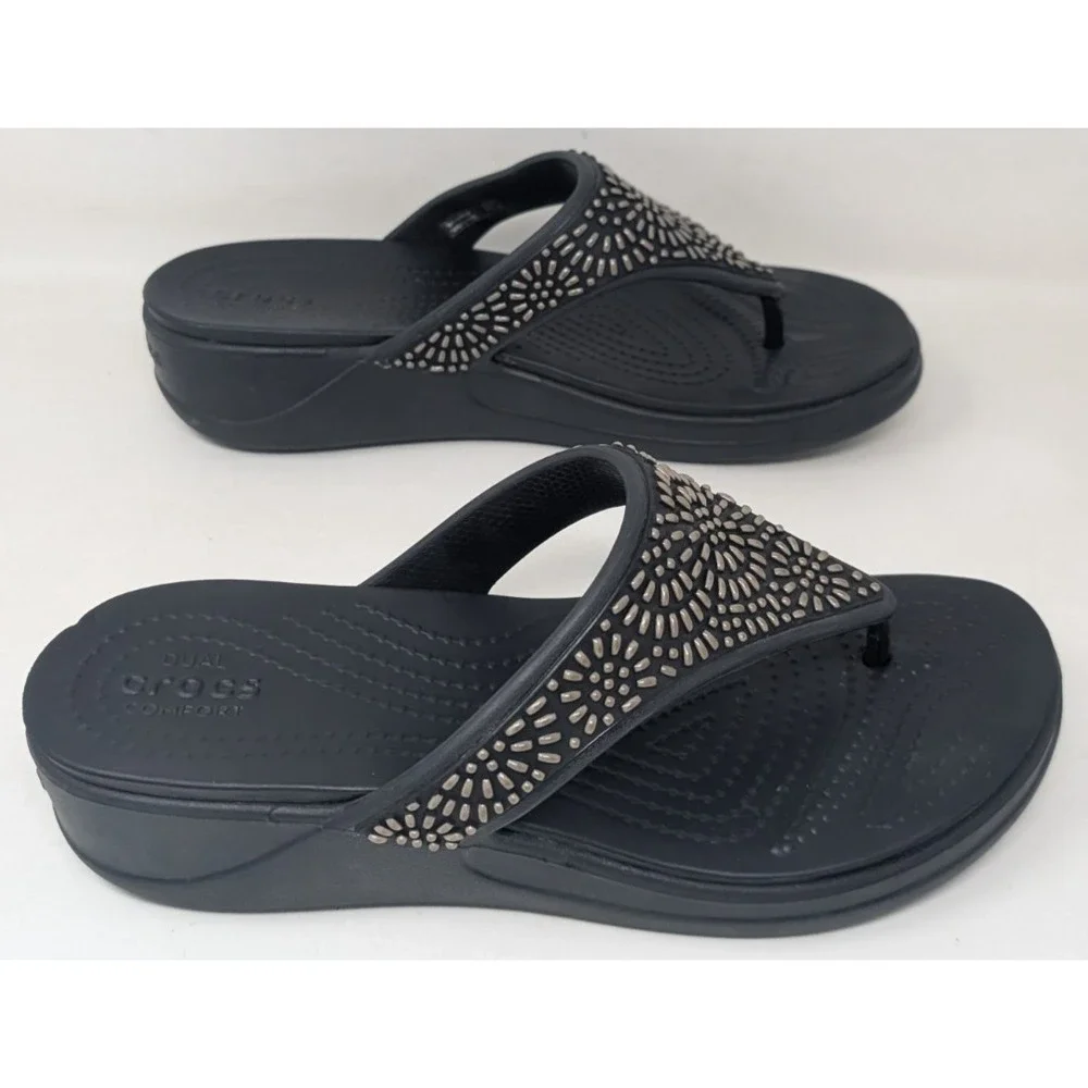 Crocs Monterey Diamante Women's Black Wedge Flip Flop Sandals Size 9